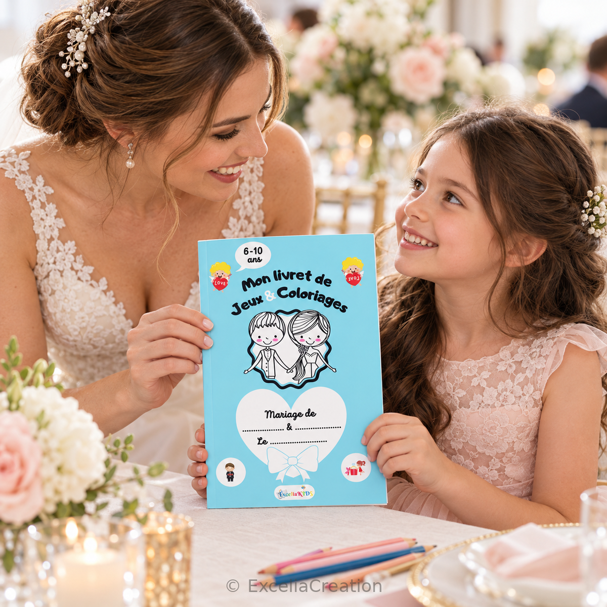 Mariée offrant le livret de jeux mariage à une jeune invitée