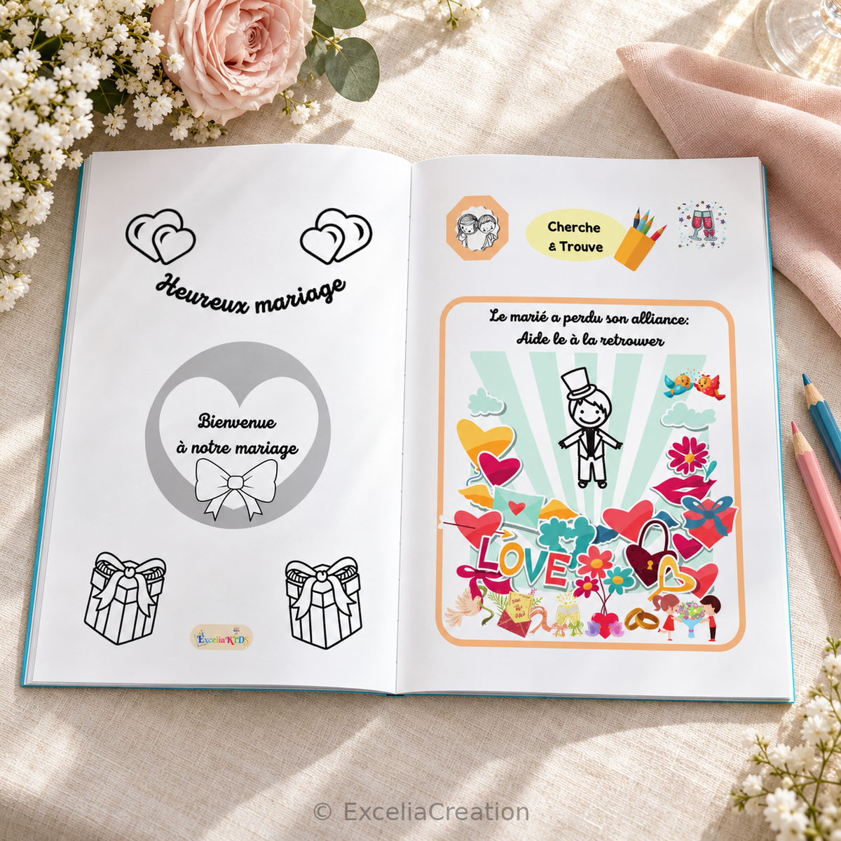 Livret ouvert sur la page Heureux mariage et le jeu Cherche et Trouve