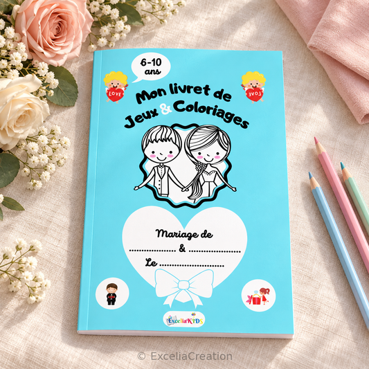 Livret de jeux et coloriages mariage 6 à 10 ans sur une table fleurie