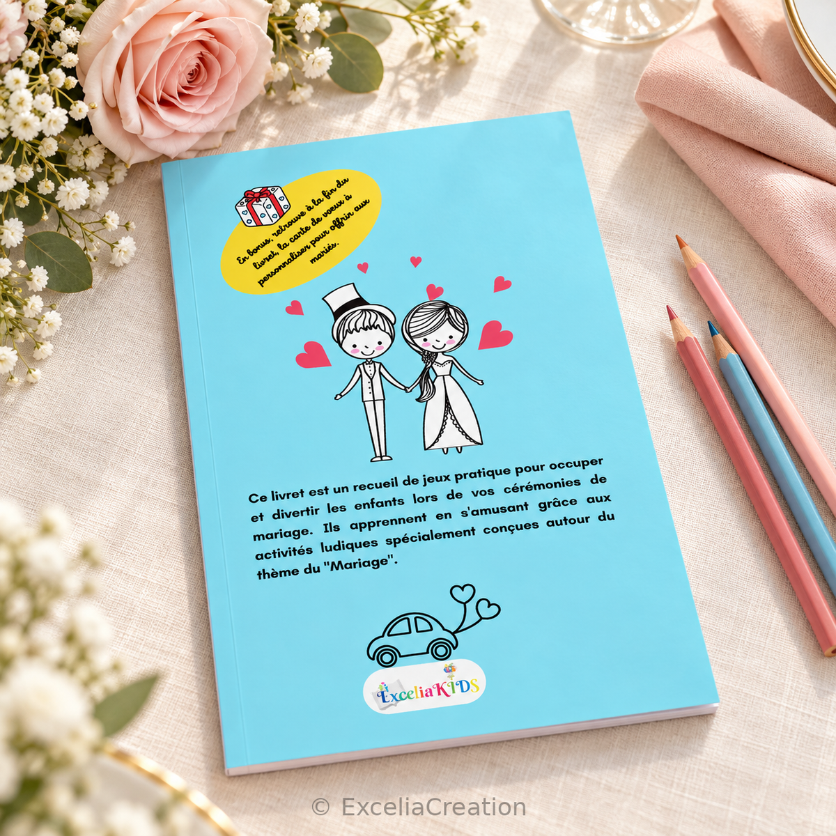 Quatrième de couverture bleue du livret de jeux mariage 6 à 10 ans