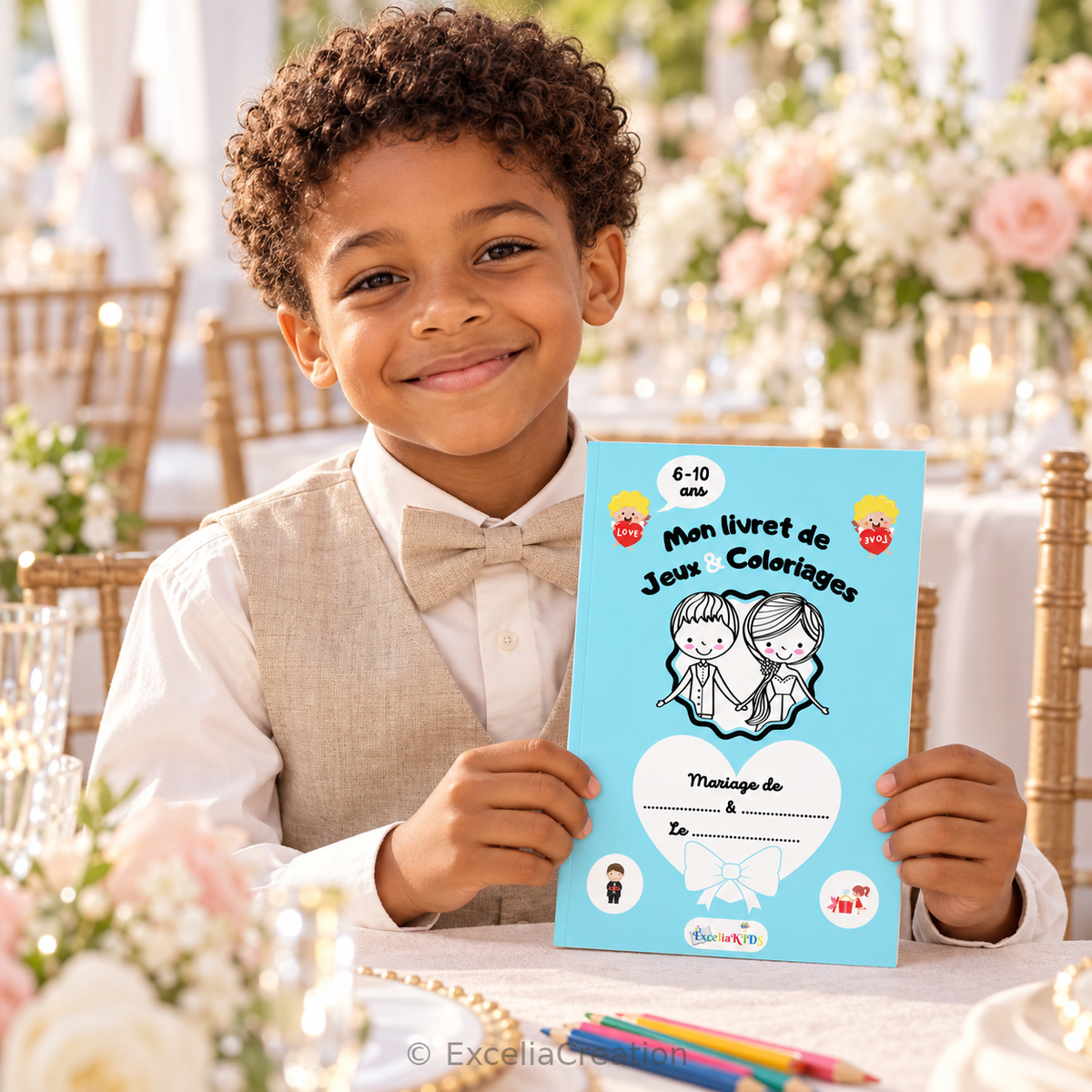 Jeune invité présentant son livret de jeux mariage 6 à 10 ans