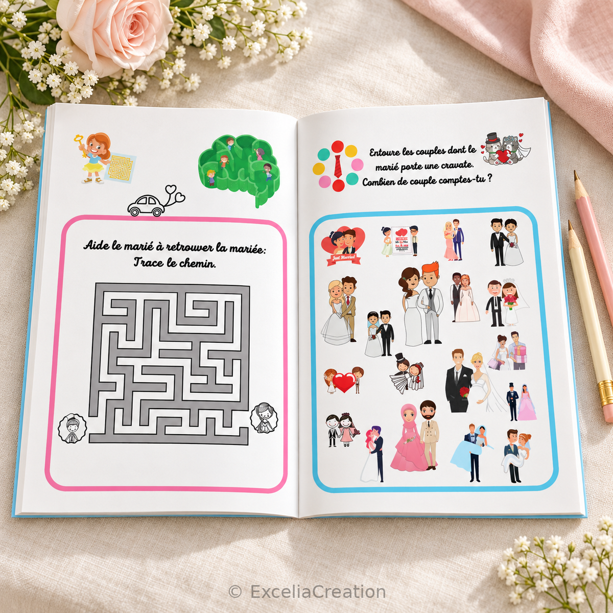 Pages intérieures du livret : labyrinthe et jeu d’observation des couples