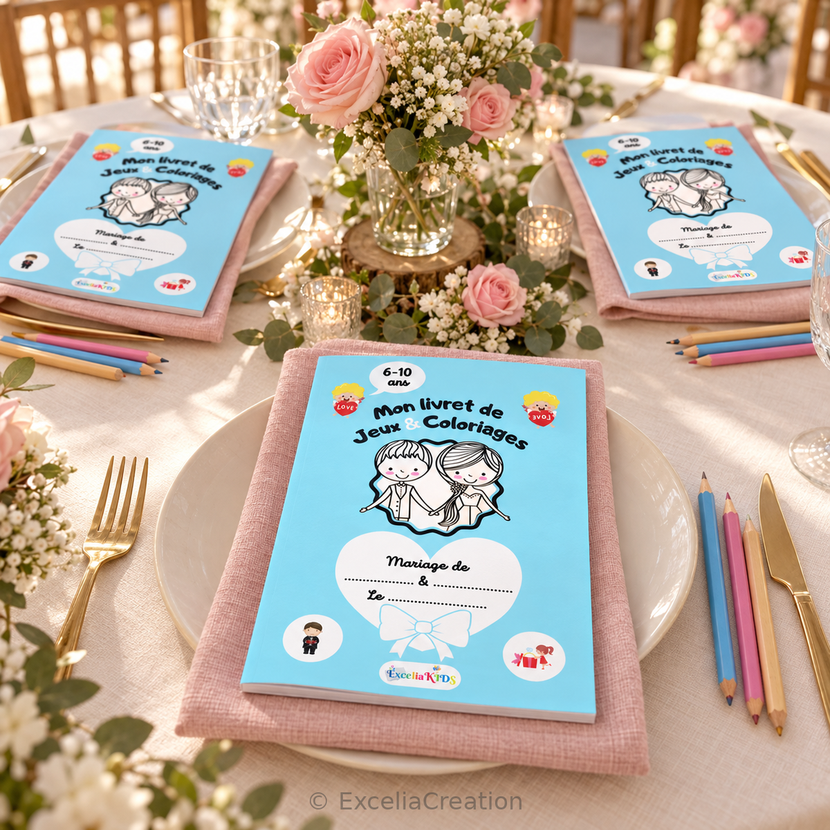 Livrets bleus de jeux mariage disposés aux places des enfants