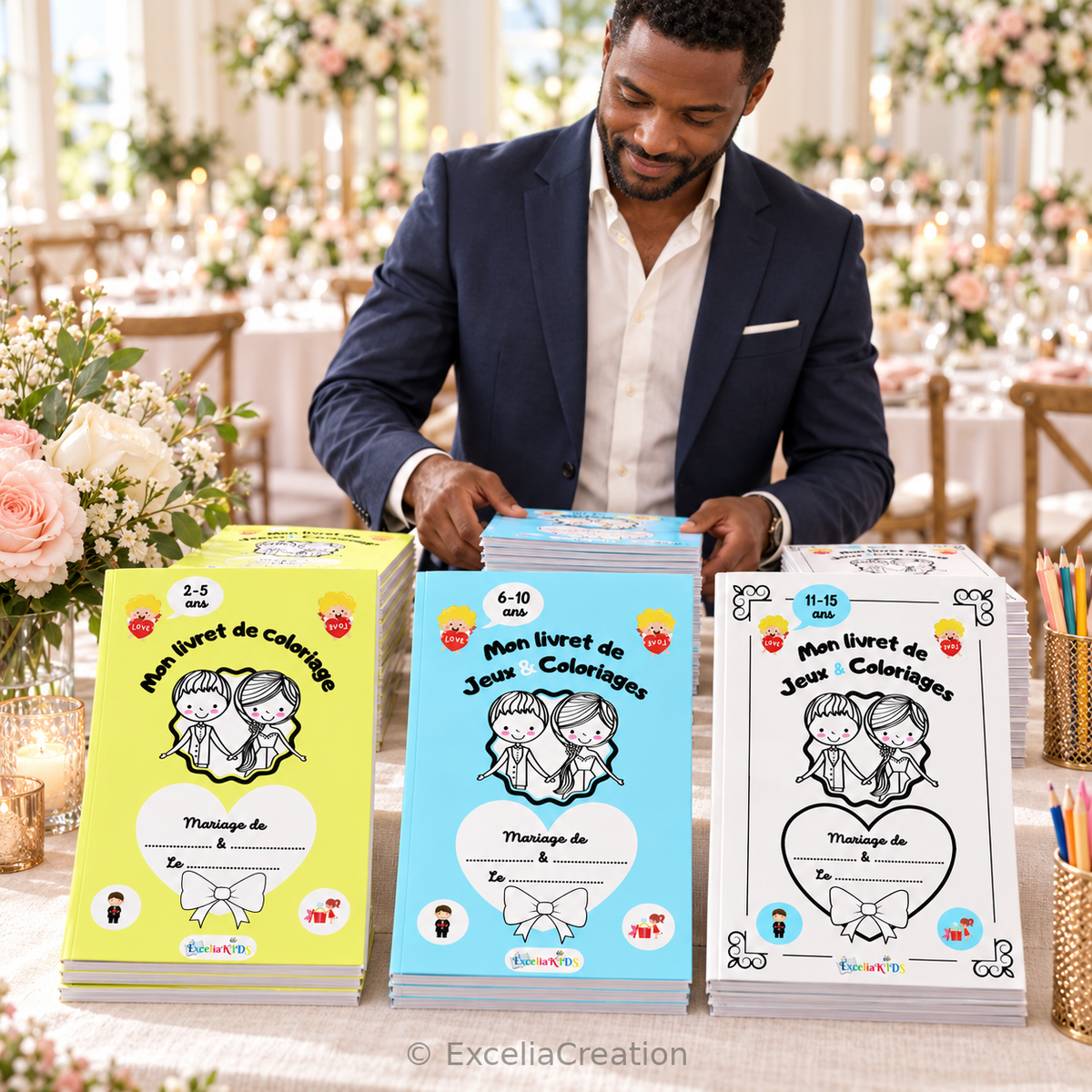 Collection de livrets mariage 2–5 ans, 6–10 ans et 11–15 ans préparée par un professionnel