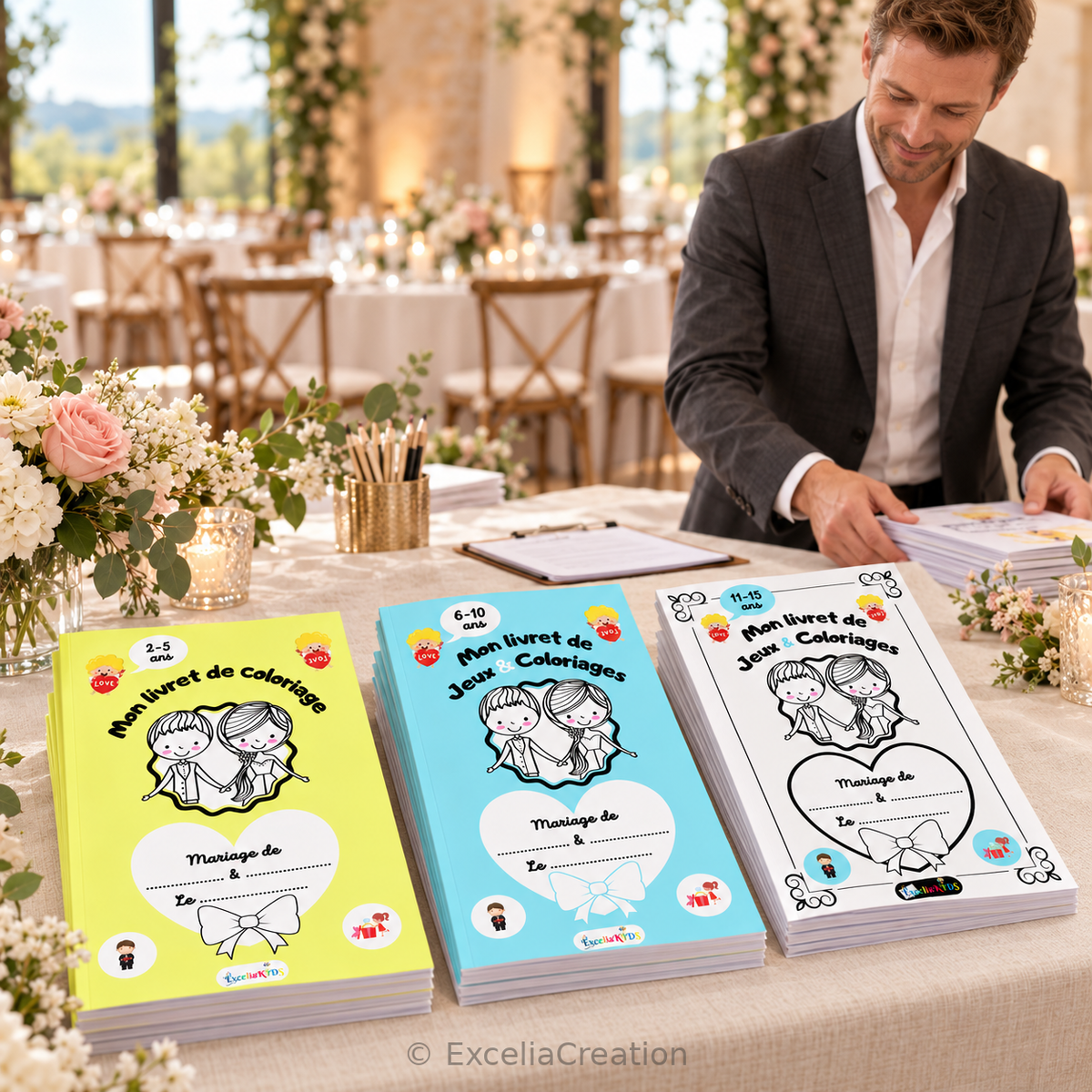 Collection de livrets mariage 2–5 ans, 6–10 ans et 11–15 ans préparée par un professionnel