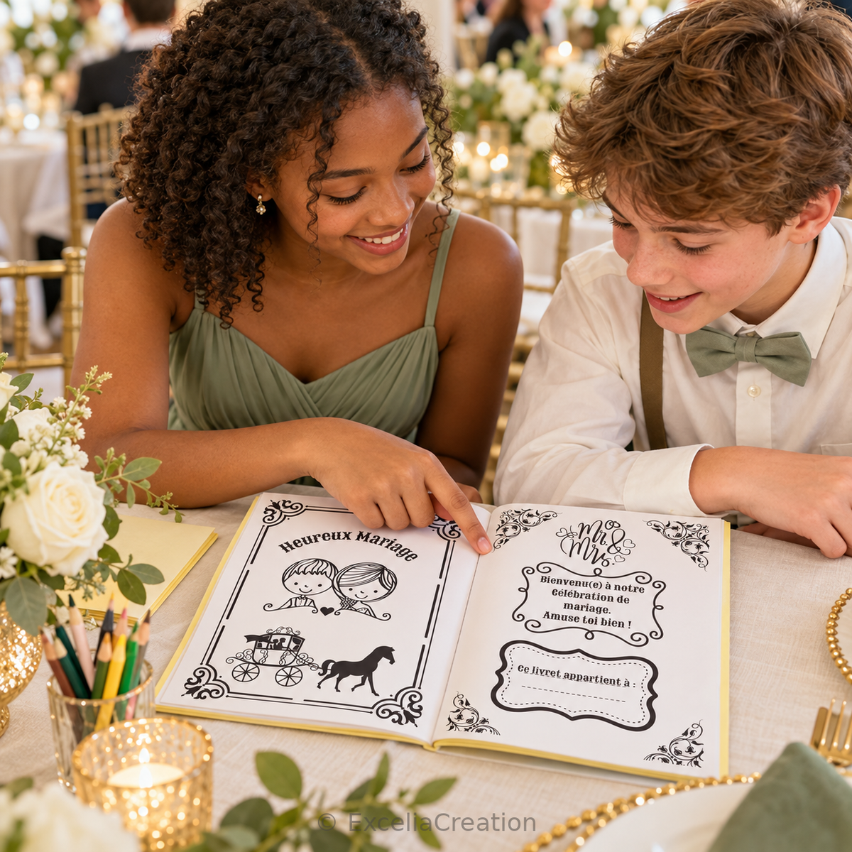 Deux jeunes invités découvrent les pages de bienvenue du livret Mariage Royal