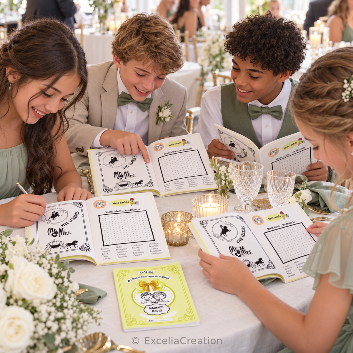 Quatre adolescents jouent dans leurs livrets Mariage Royal autour d’une table de mariage