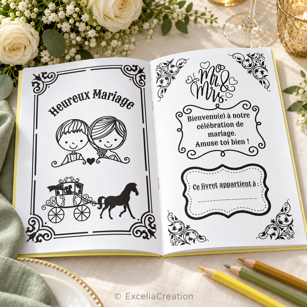 Livret Mariage Royal ouvert sur les pages de bienvenue et la page du prénom