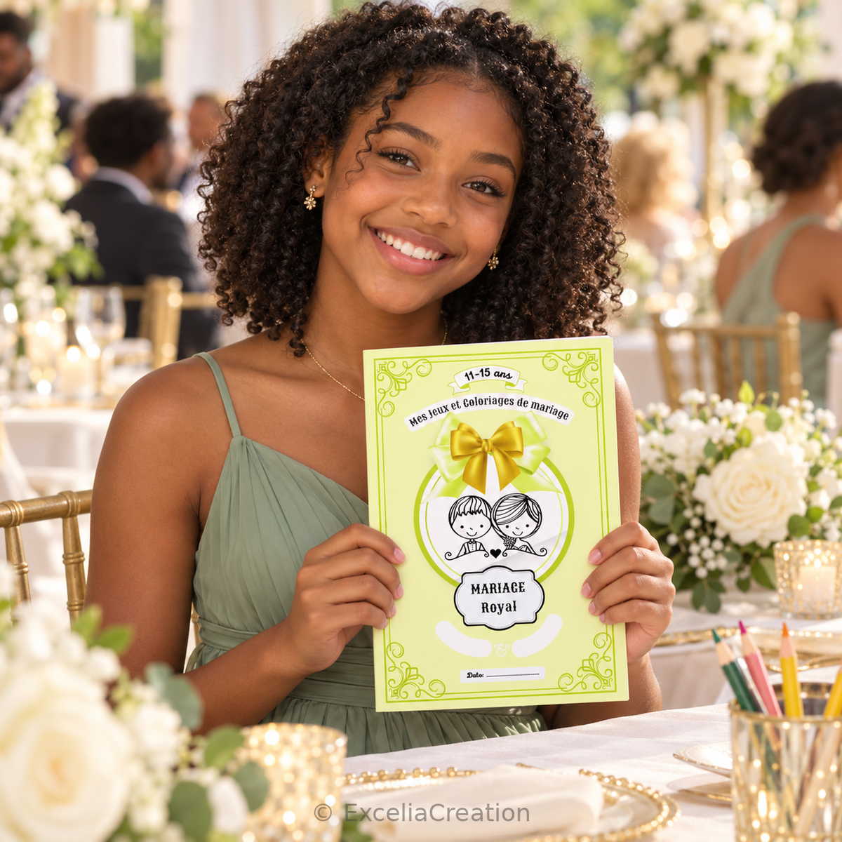 Jeune invitée présentant le livret jaune Mariage Royal 11–15 ans