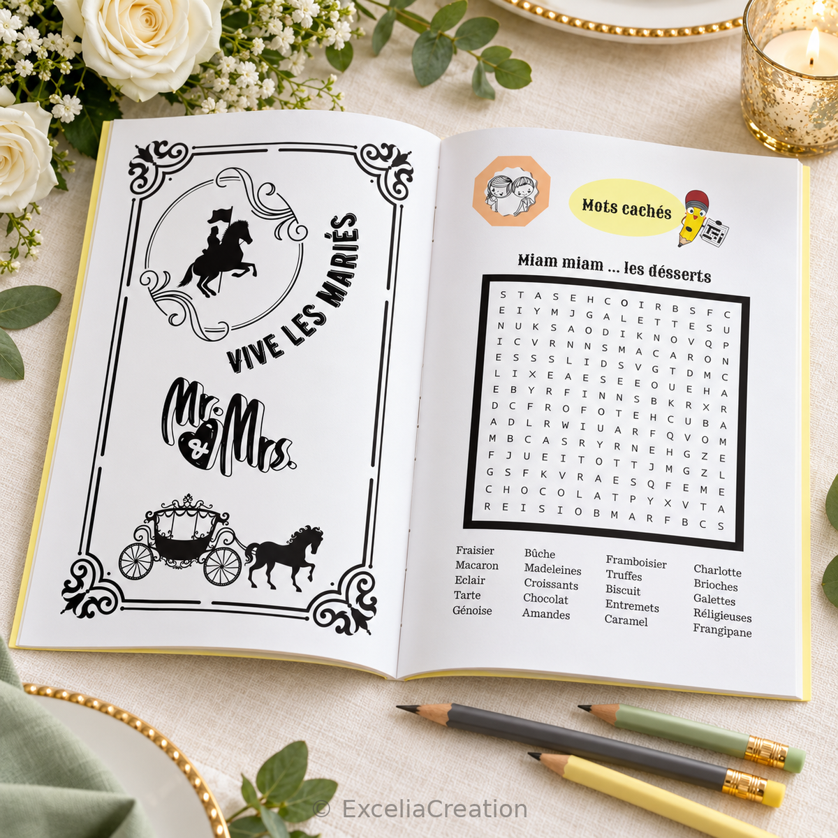Pages intérieures du livret Mariage Royal avec coloriage des mariés et jeu de mots cachés