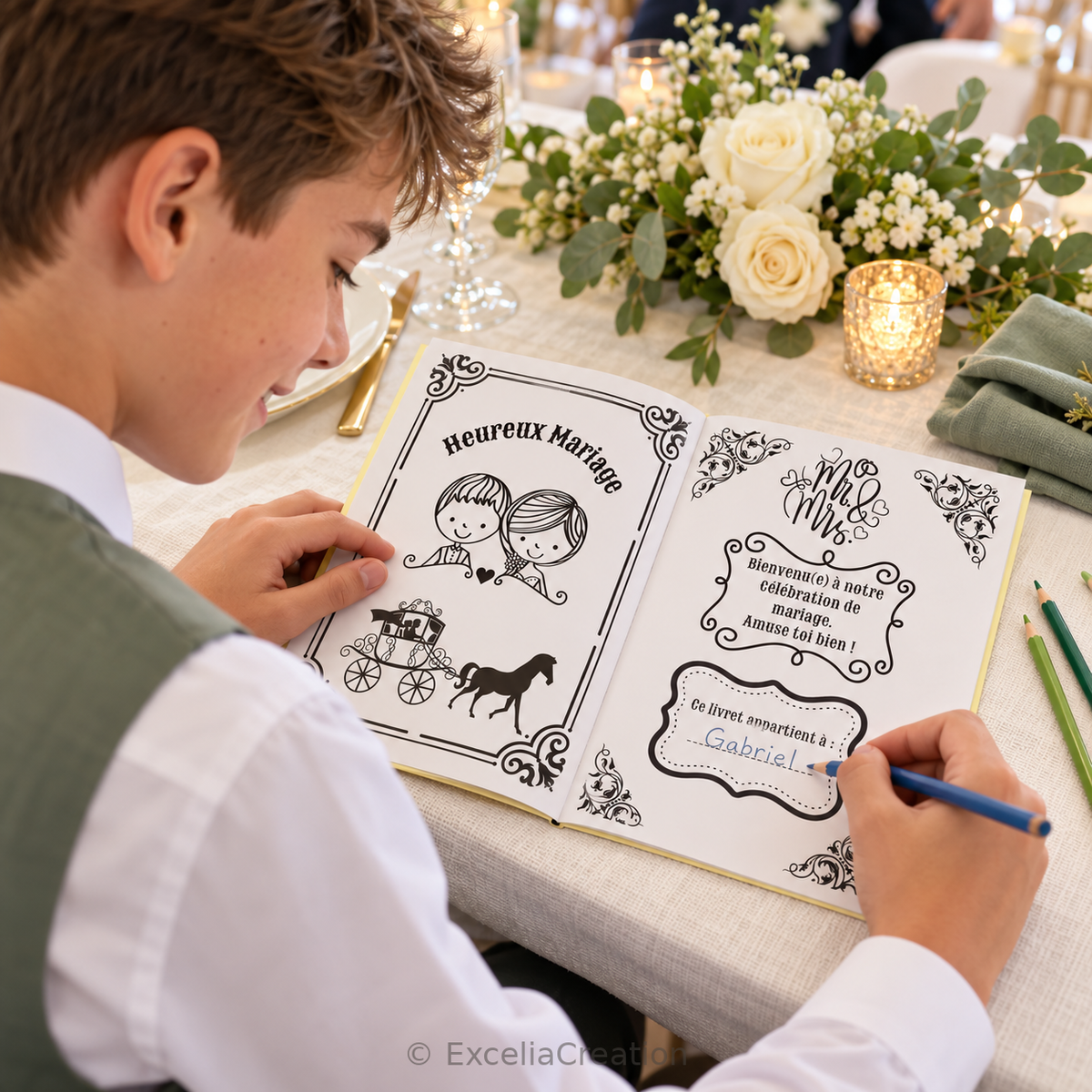 Un adolescent inscrit son prénom dans son livret Mariage Royal au mariage