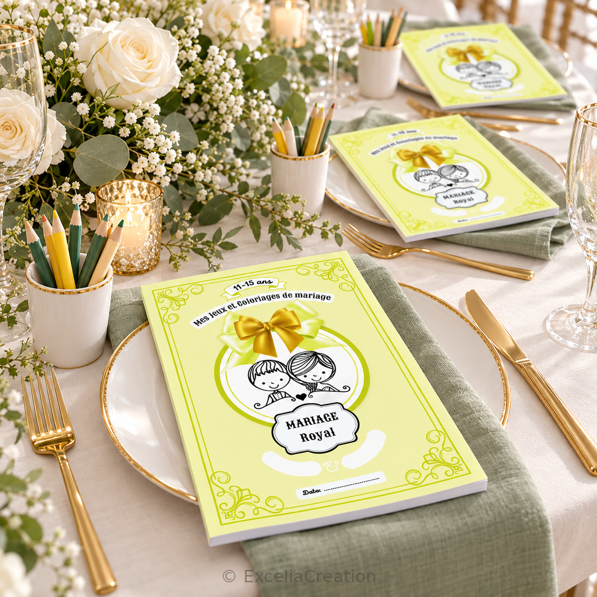 Livrets jaunes Mariage Royal disposés sur une table de mariage