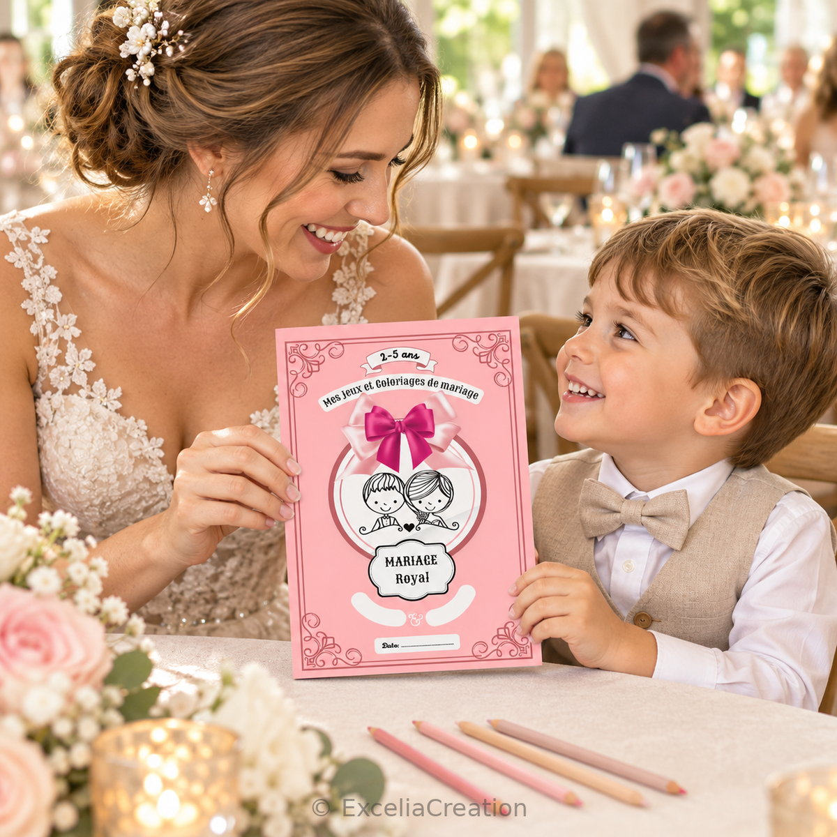 Une mariée offre le livret de coloriage à un petit invité