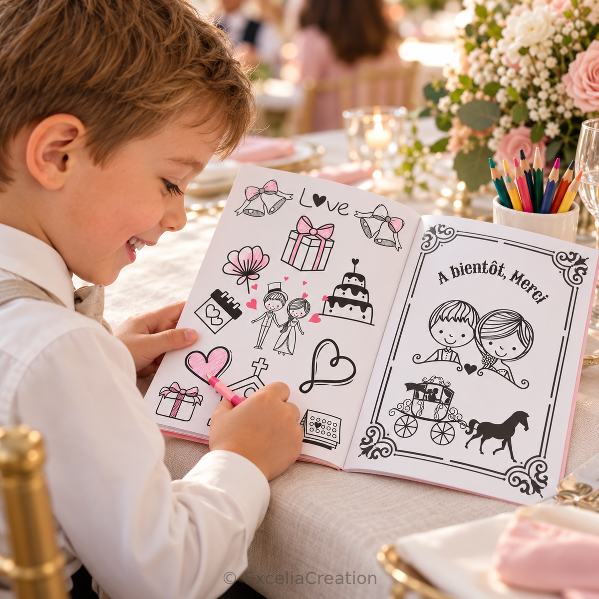 Un enfant colorie les pages de son livret au mariage