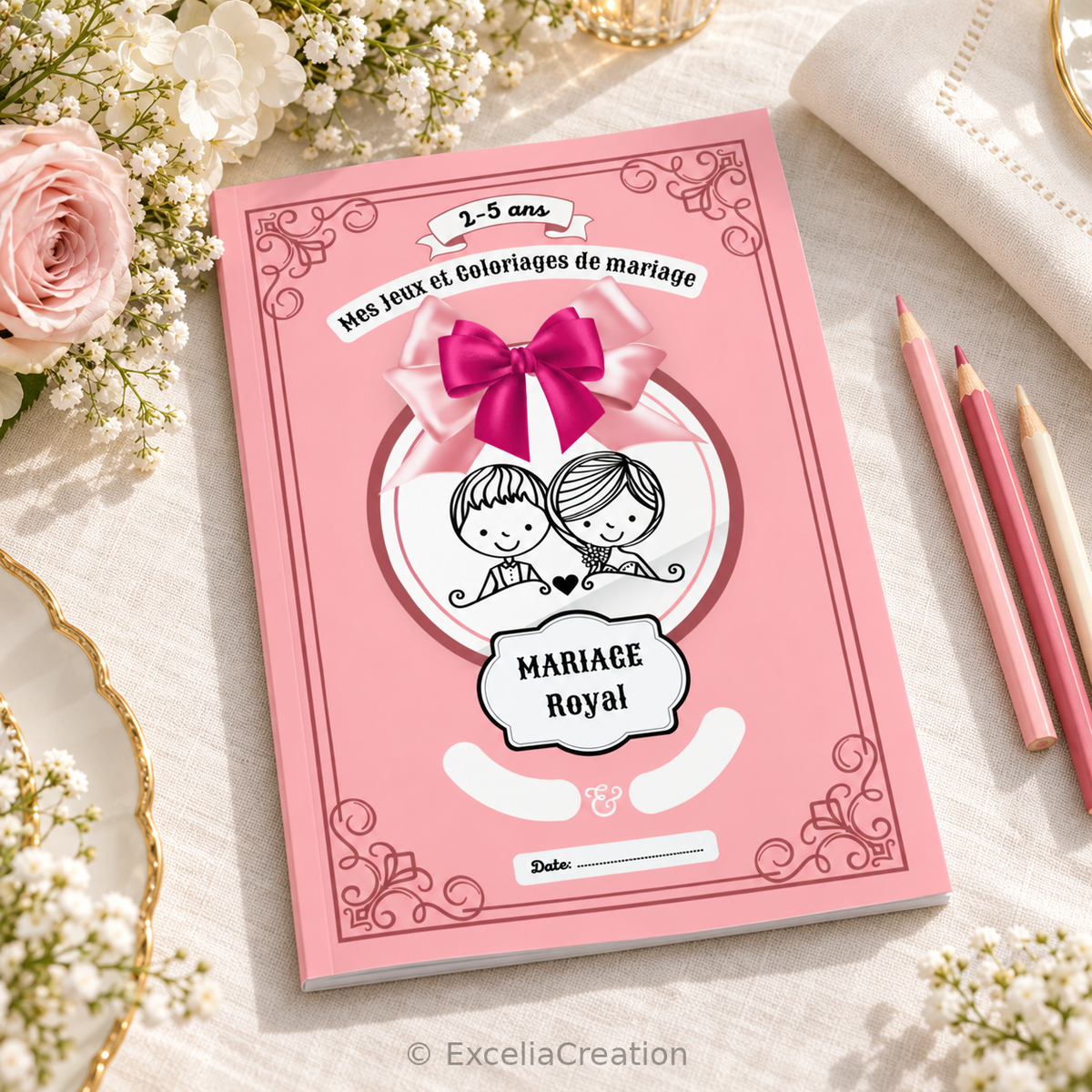 Livret de coloriage Mariage Royal 2–5 ans sur une table de mariage