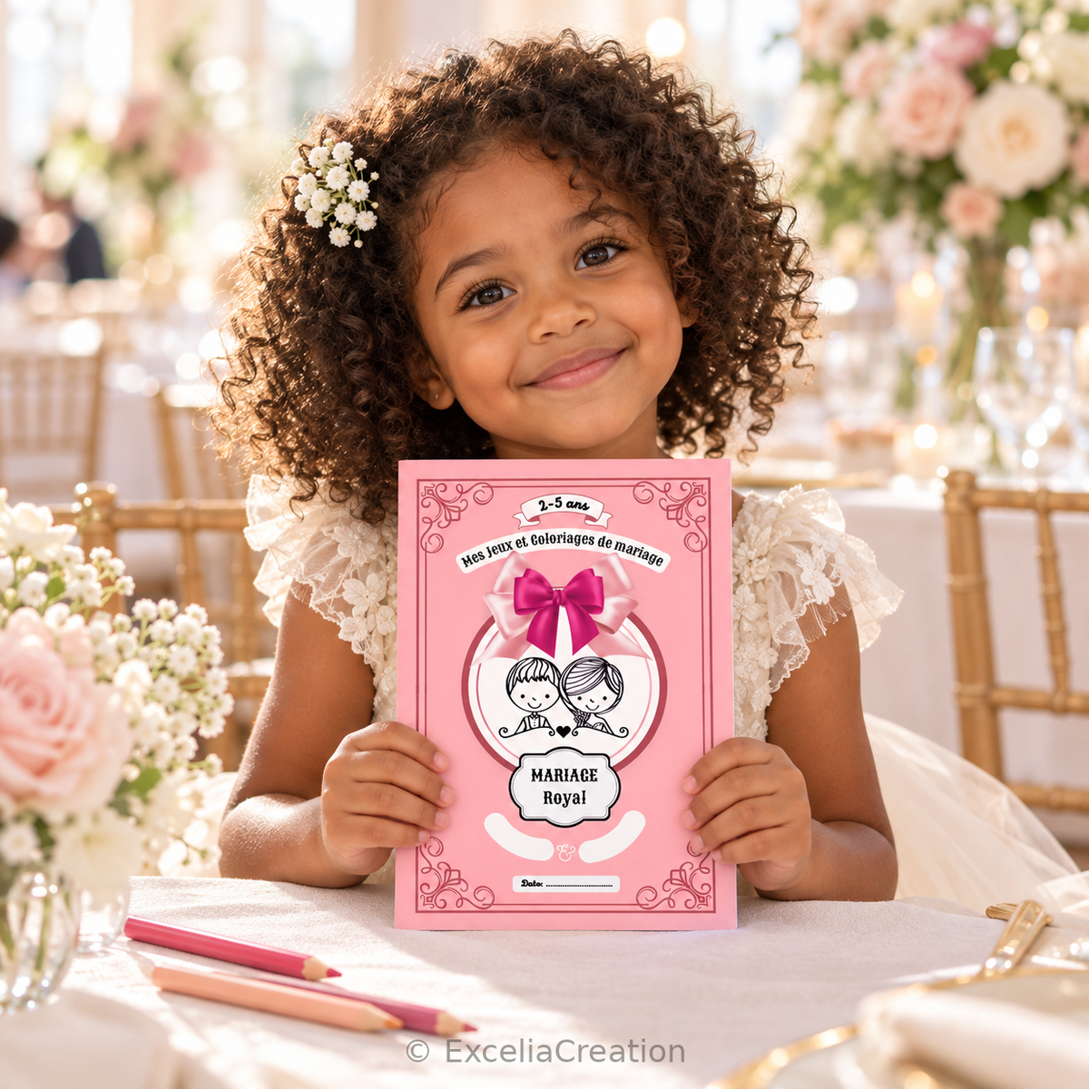 Petite invitée tenant le livret Mariage Royal 2–5 ans