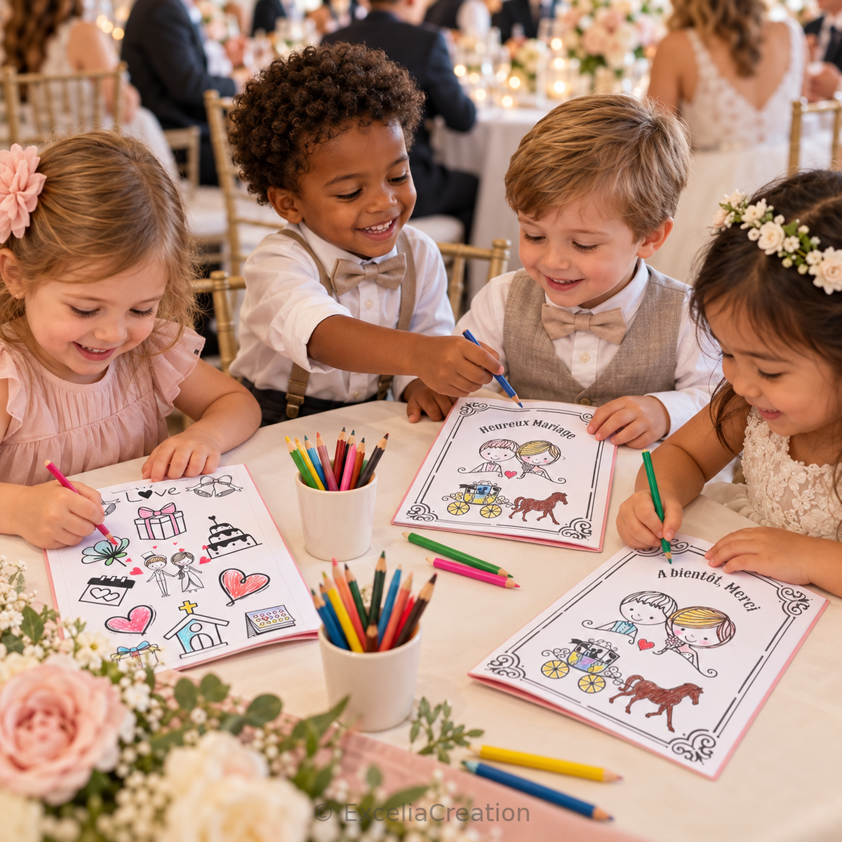 Petits invités réunis autour de leurs coloriages de mariage