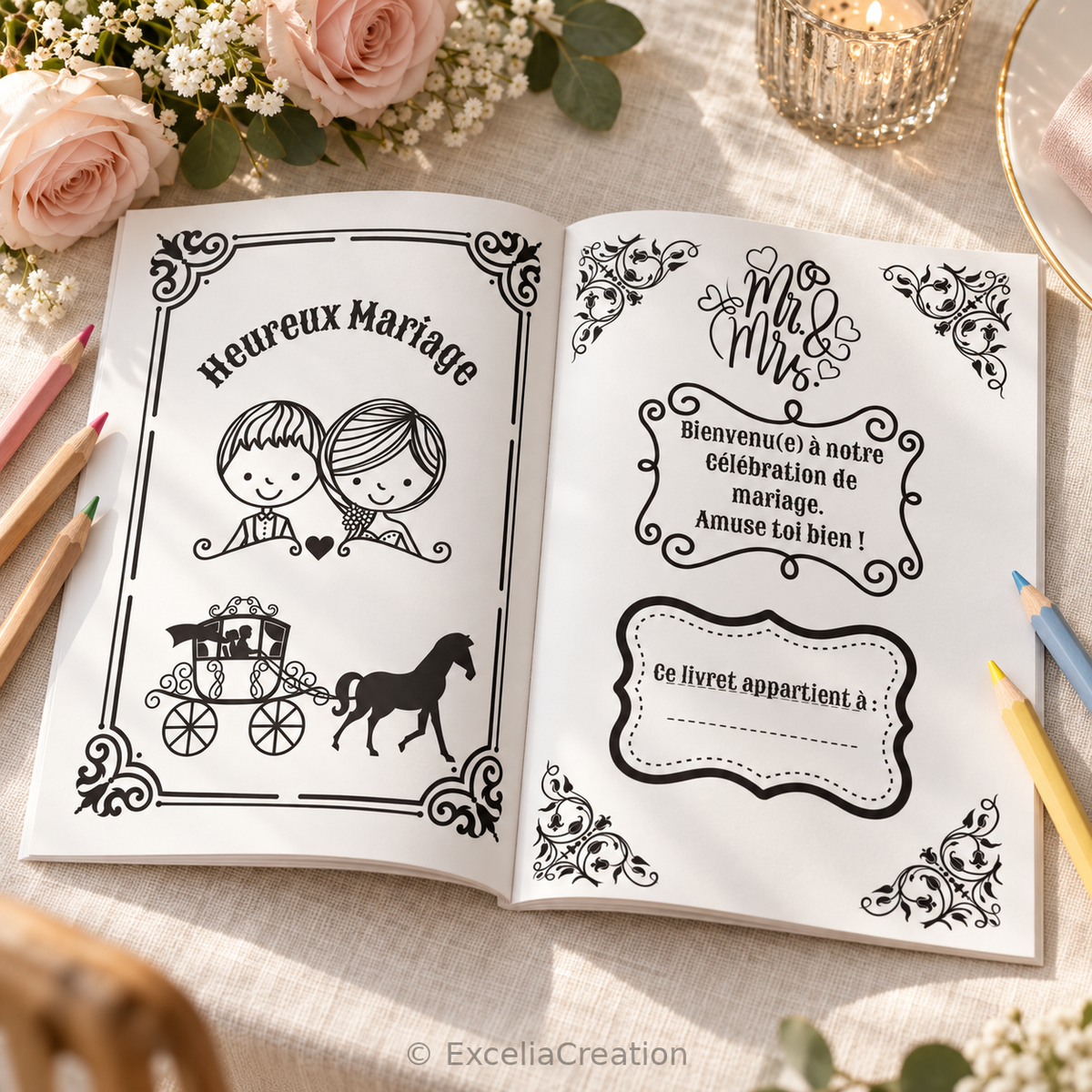 Pages intérieures du livret Mariage Royal avec dessins et page de bienvenue