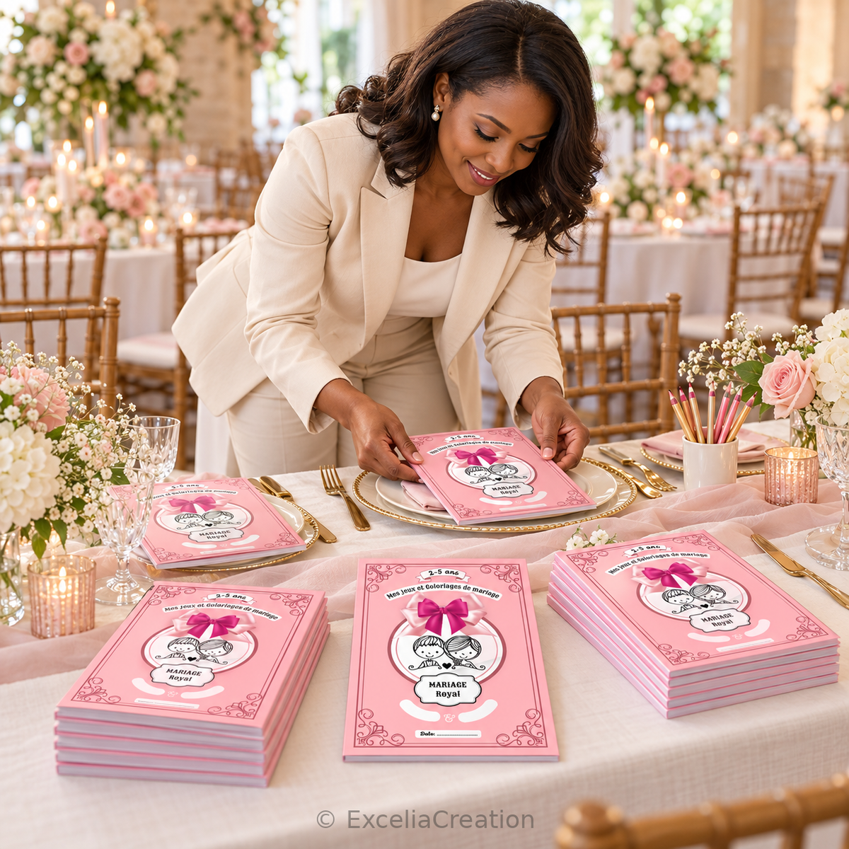 Professionnelle du mariage préparant les livrets pour la table enfants