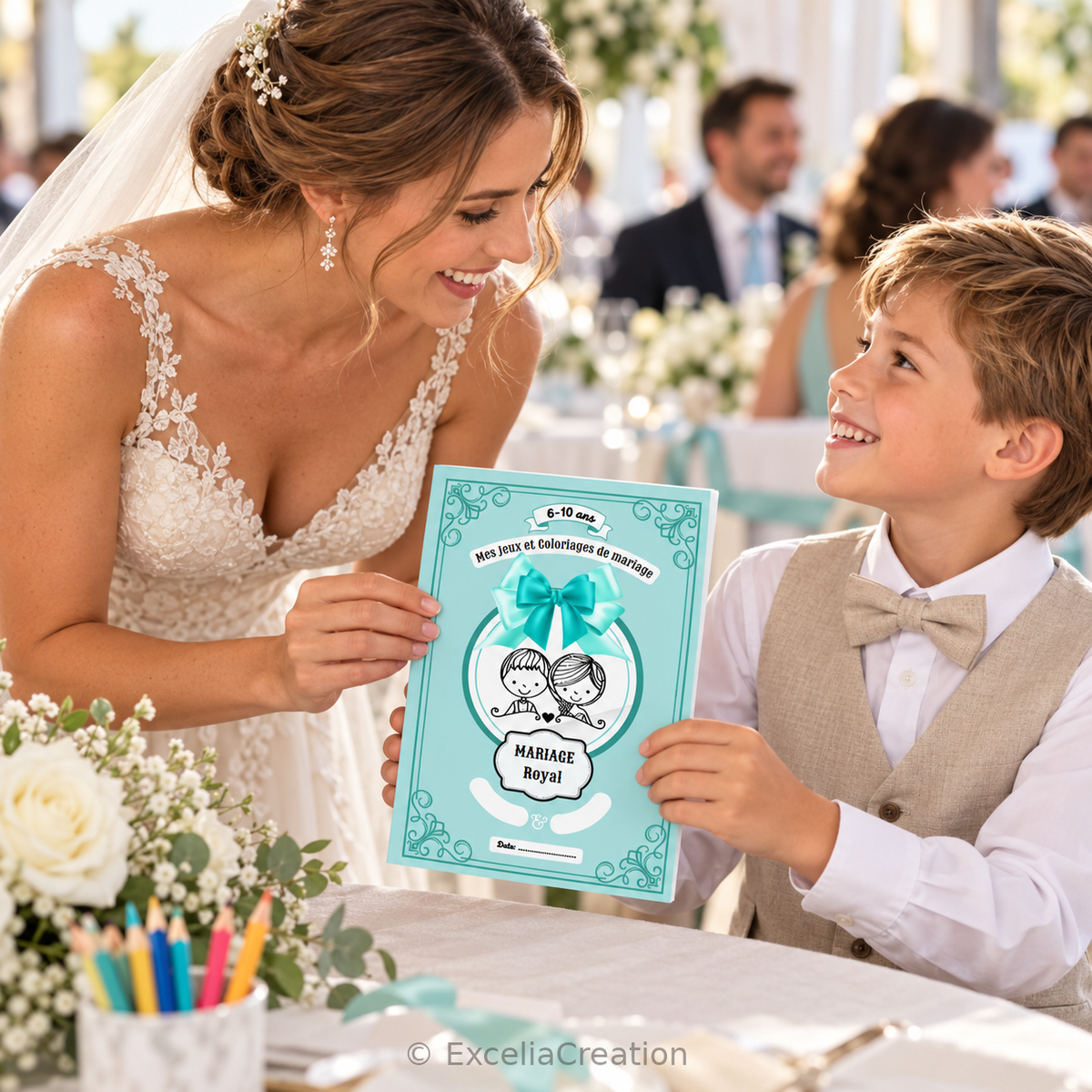 Une mariée offre le livret Mariage Royal à un enfant