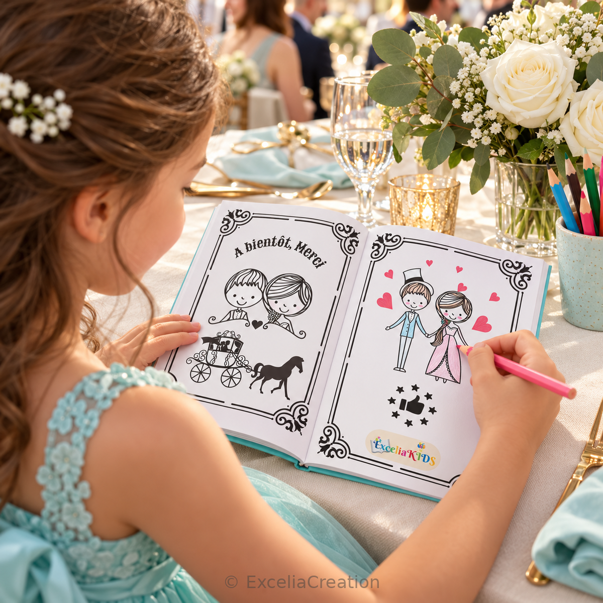 Une enfant colorie les mariés dans son livret Mariage Royal