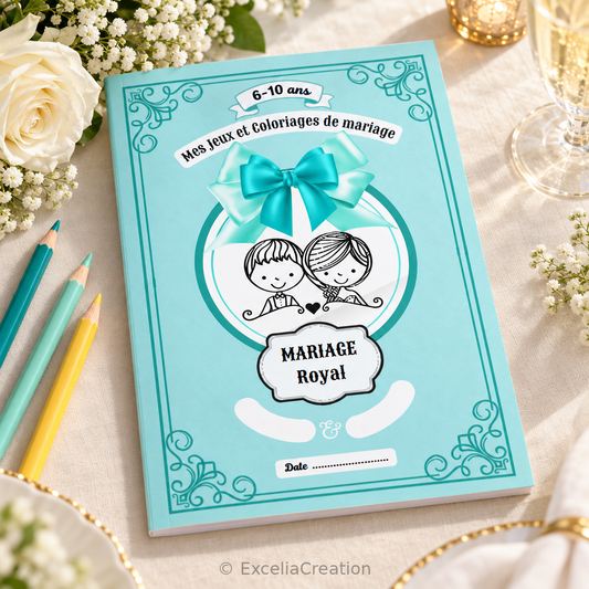 Couverture turquoise du livret Mariage Royal 6–10 ans sur une table de mariage