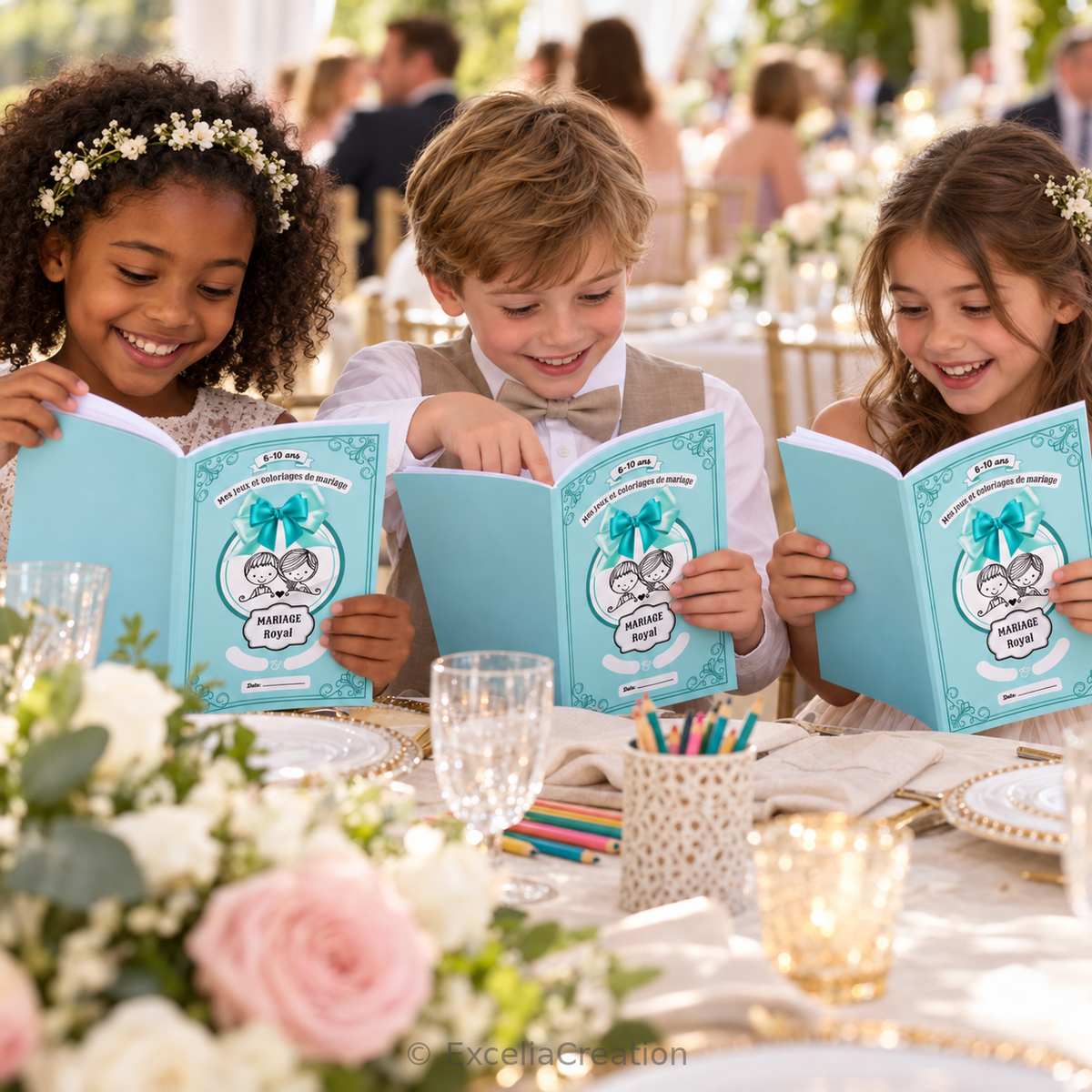 Trois enfants découvrent leurs livrets Mariage Royal au mariage