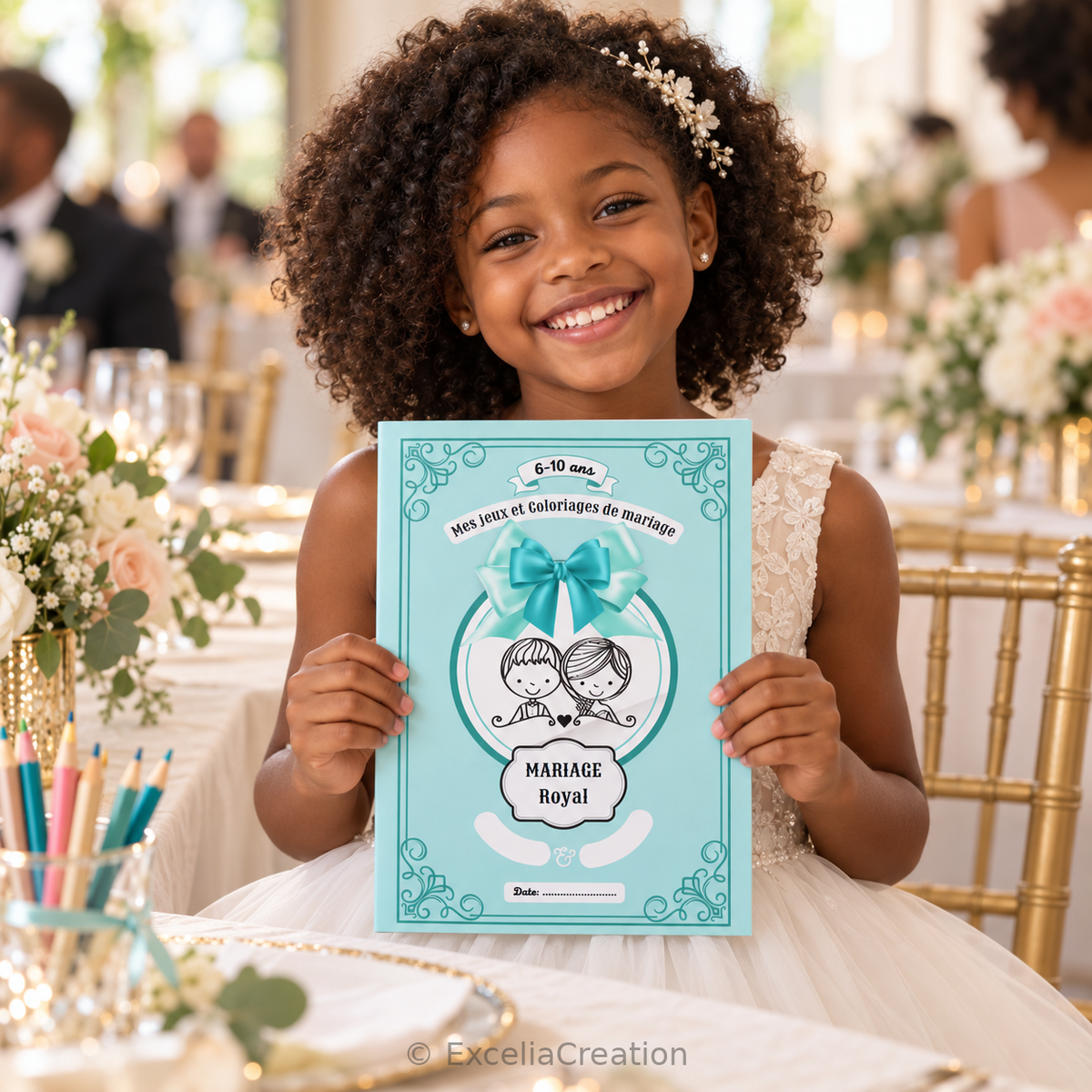 Jeune invitée présentant son livret Mariage Royal 6–10 ans