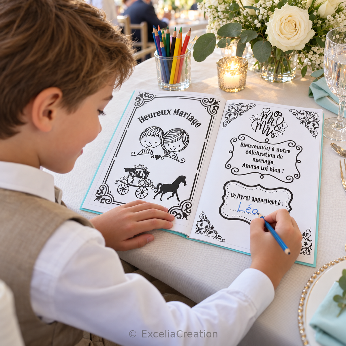 Un jeune invité inscrit son prénom dans son livret de mariage