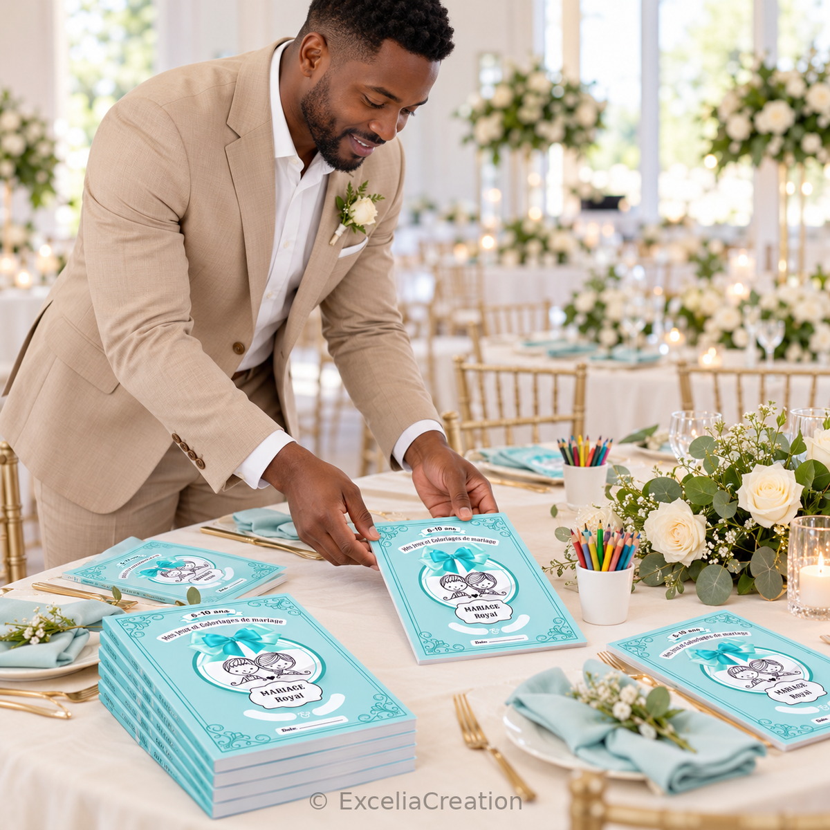 Organisateur de mariage installant les livrets turquoise sur la table enfants