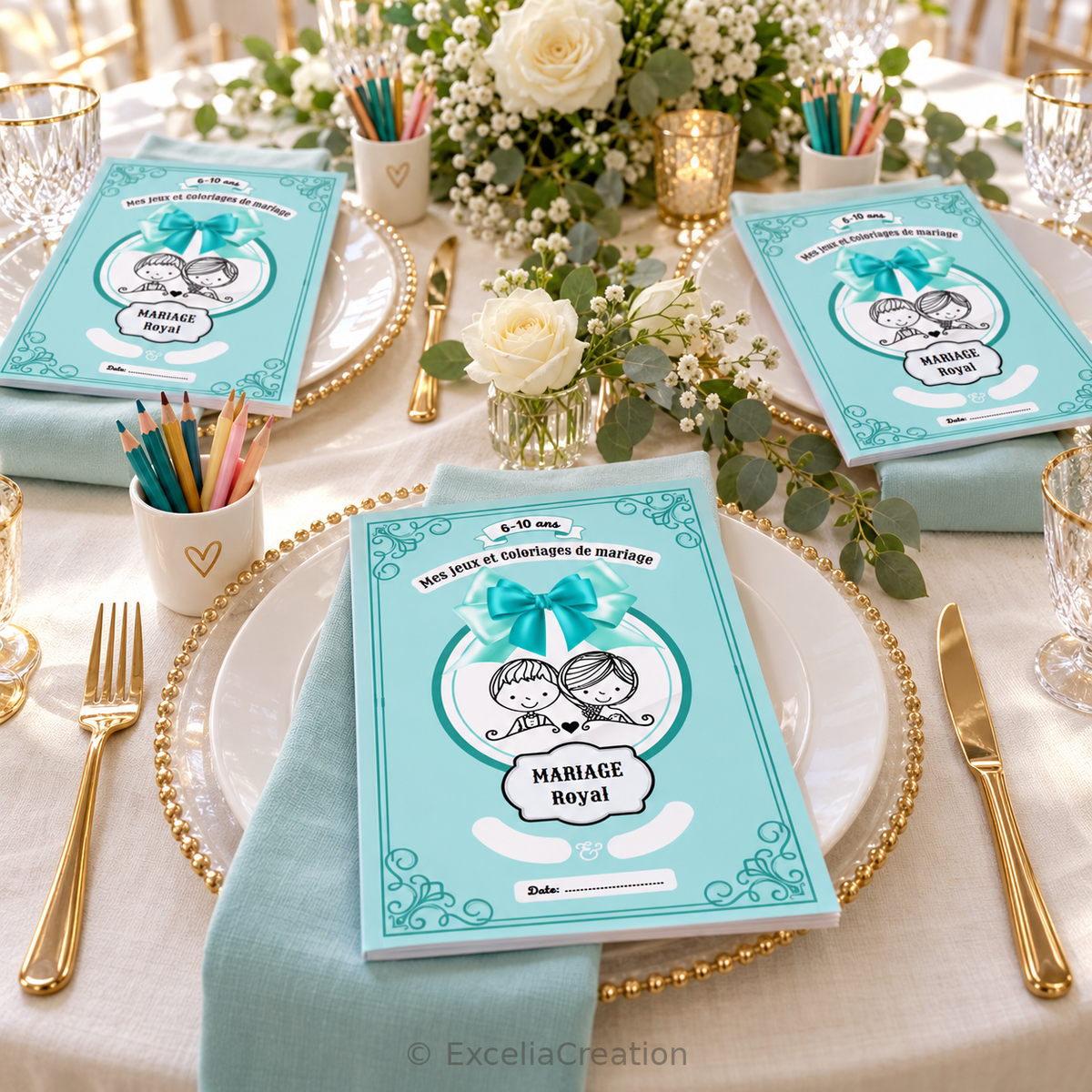 Livrets Mariage Royal turquoise disposés aux places des enfants