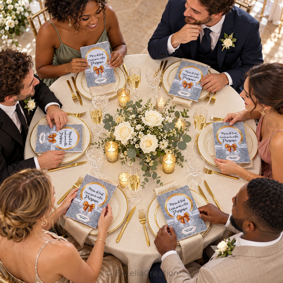 Invités découvrant leur carnet souvenir autour de la table