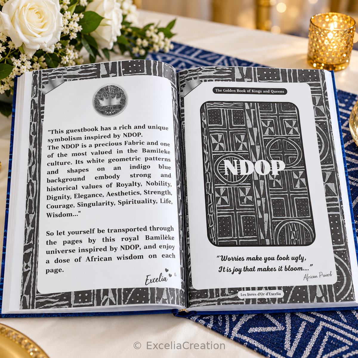English Ndop guestbook open to the pages explaining its Bamileke cultural inspiration