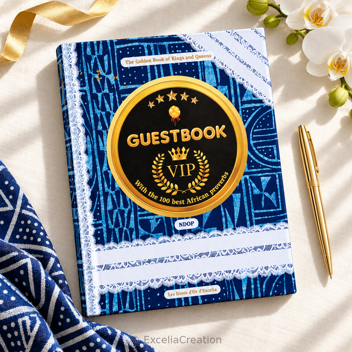 Blue Ndop English VIP guestbook viewed from above with white orchids and a gold pen
