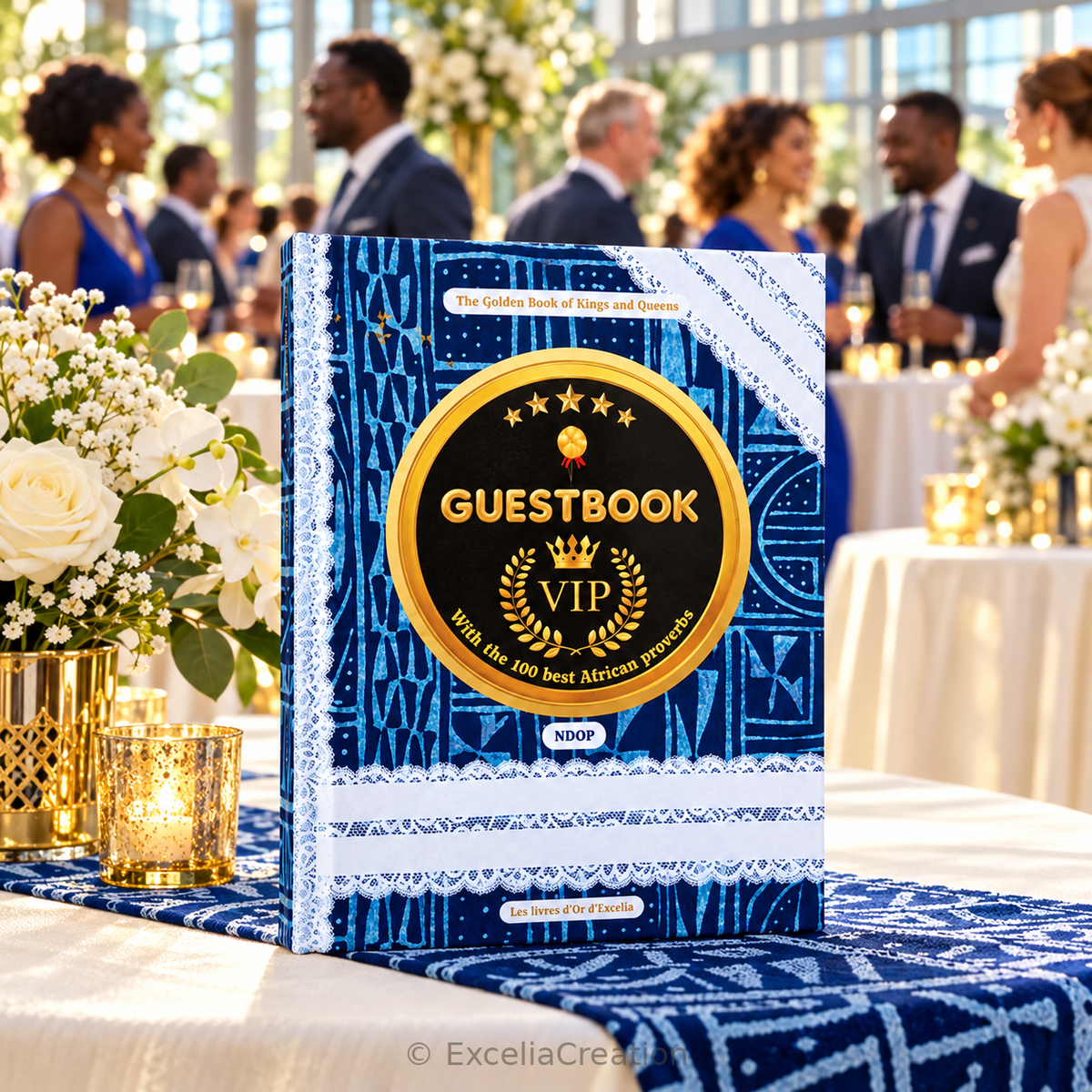 English Ndop VIP guestbook on an elegant reception table with guests in the background
