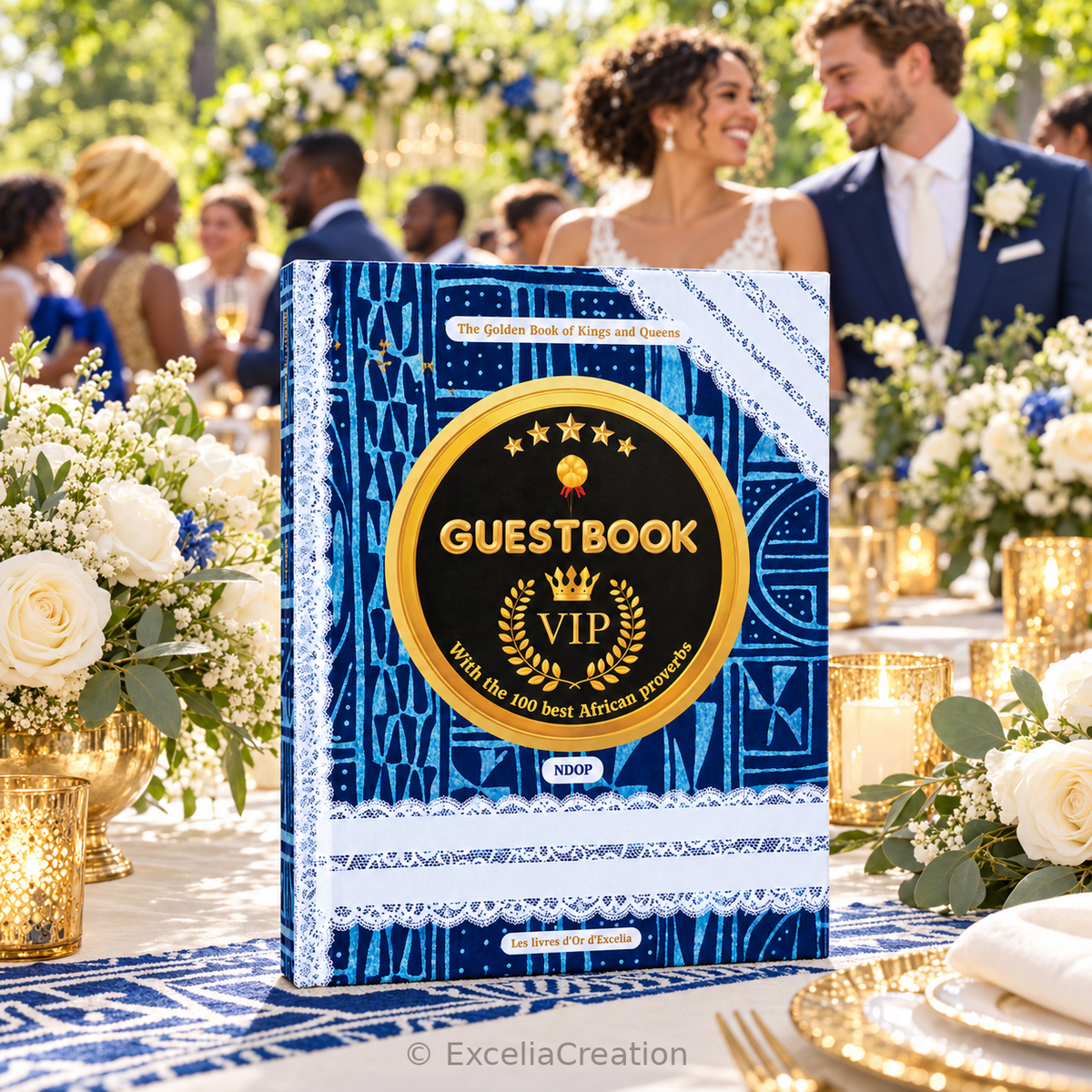 English Ndop VIP guestbook at a bright outdoor wedding reception with a couple and guests