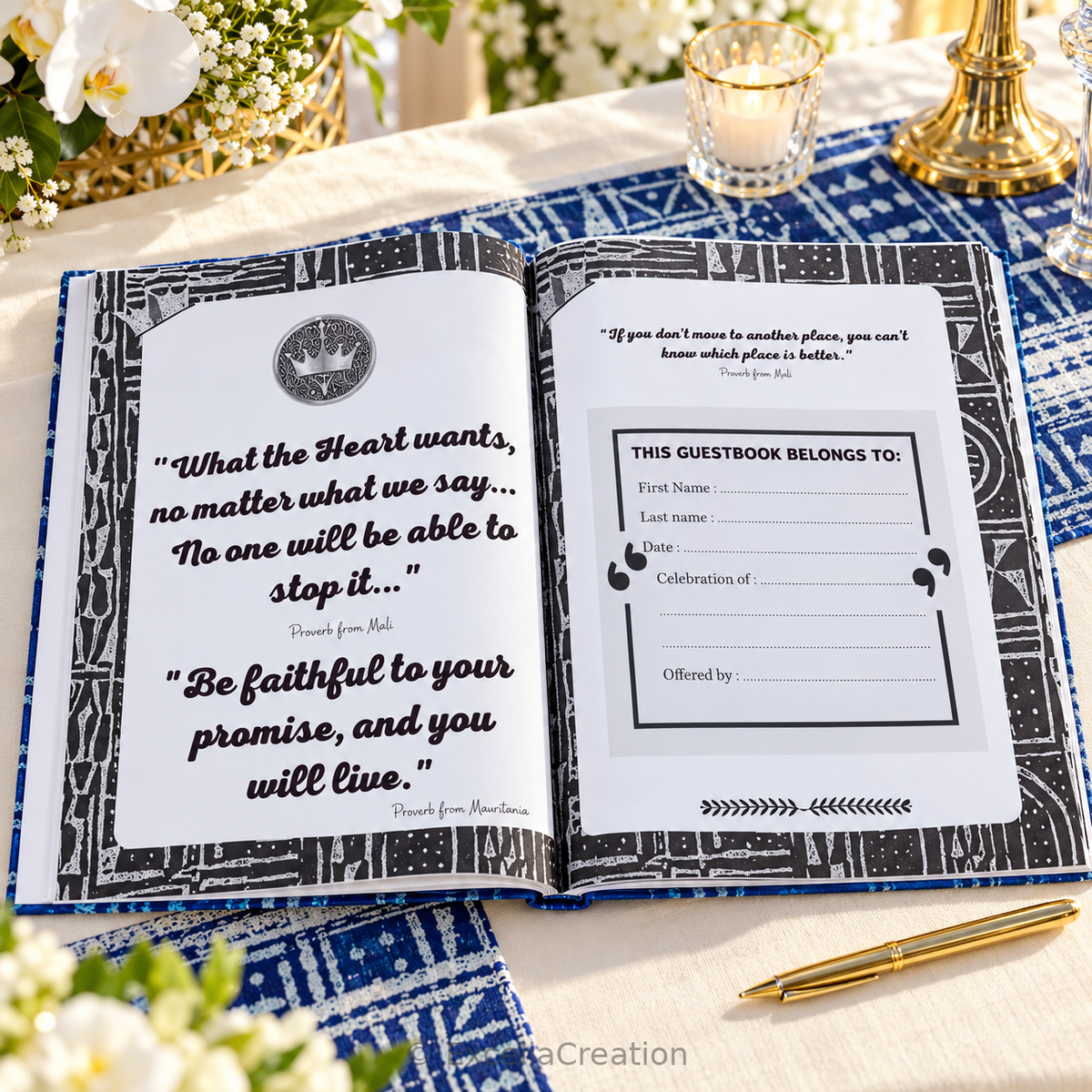 English Ndop guestbook open to the ownership page and African proverbs