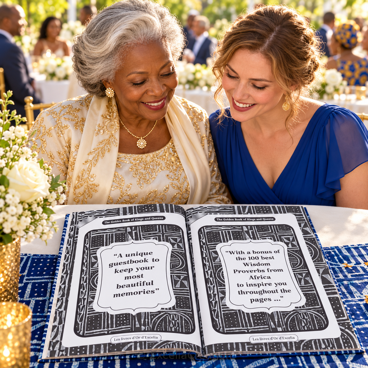 Two guests sharing a moment over the English Ndop guestbook's black-and-white introductory pages