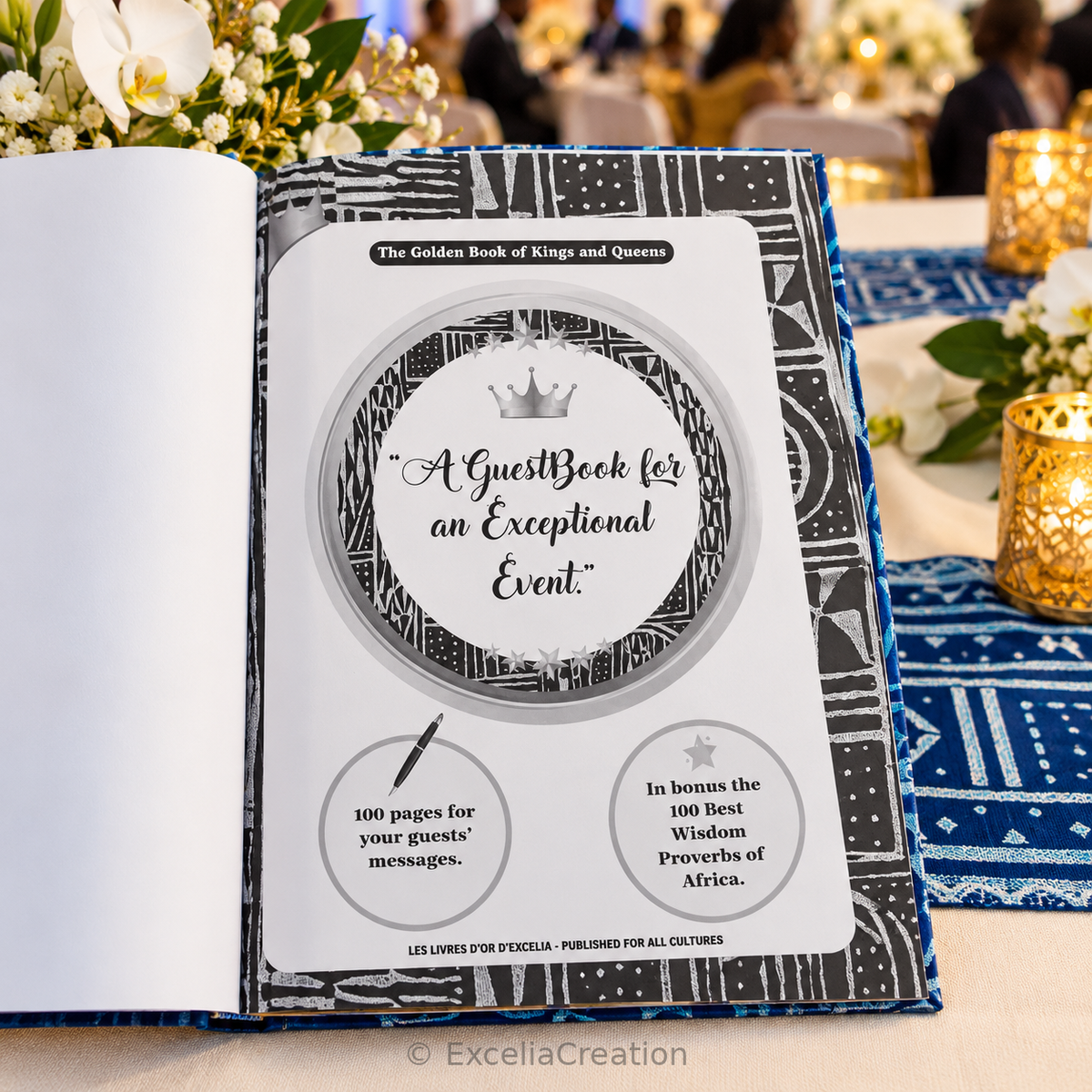 English Ndop guestbook title page, showing its rectangular format on a reception table