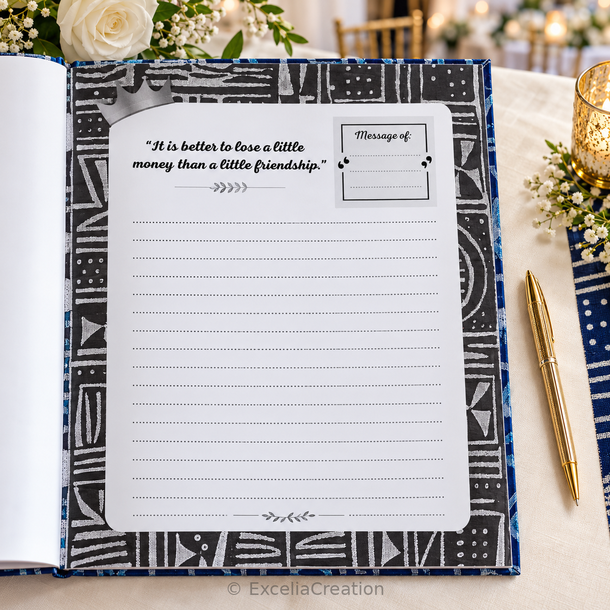 Rectangular English guestbook page with a proverb about friendship and dotted message lines