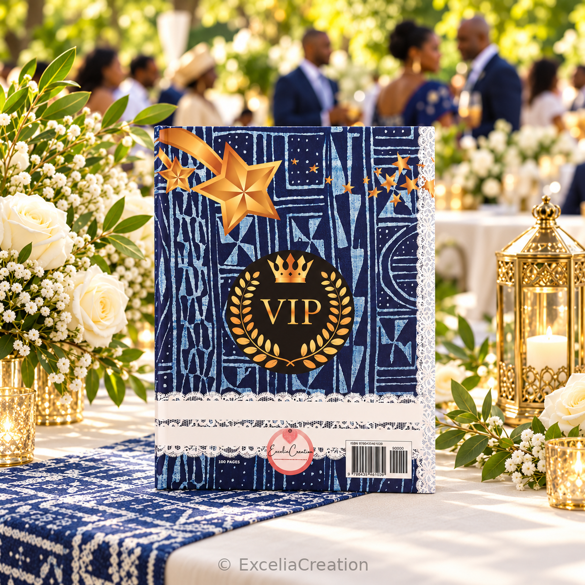 Back cover of the Ndop VIP guestbook with gold stars, crown and ExceliaCreation logo at a garden reception