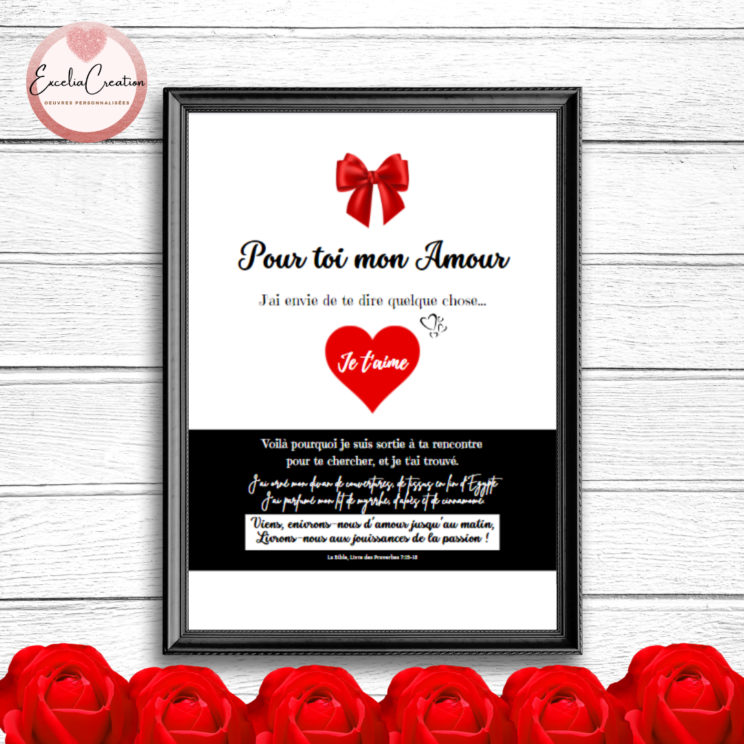 Affiche "Pour toi mon amour" - cadeau saint valentin homme femme – A offrir à son amoureux / amoureuse - Citation de la Bible