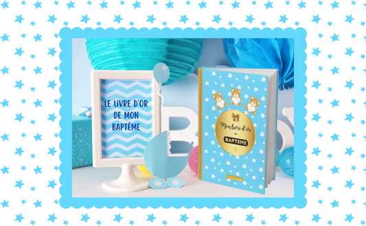Mon livre d'or de baptême bleu étoilé - Idée cadeau à offrir pour le baptême d'un garçon