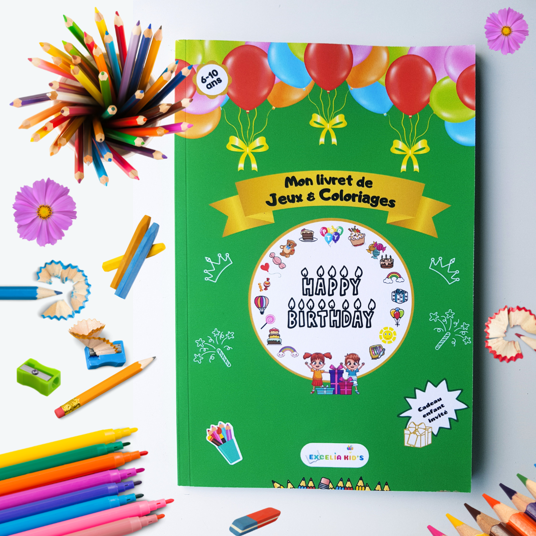 Livre de jeux et coloriage d'anniversaire pour les enfants - Jeux de mots, mots fléchés, les nombres etc... – Beau cadeau pour enfants invités de 6 à 10 ans